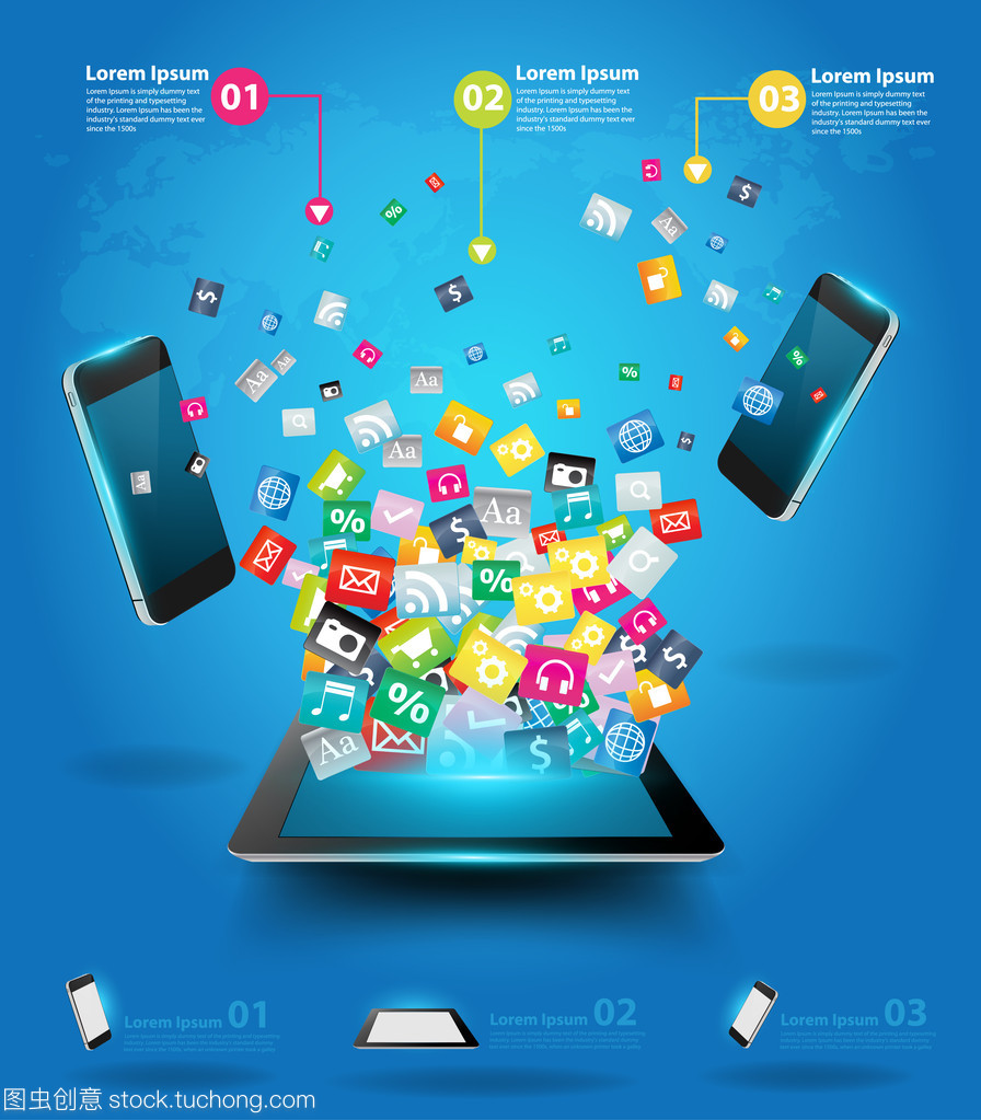 創意平板電腦與手機云的豐富多彩的應用程序圖標 計算機網絡應用軟件